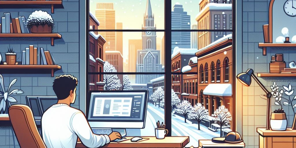 雪景色を見ながらテレワーク